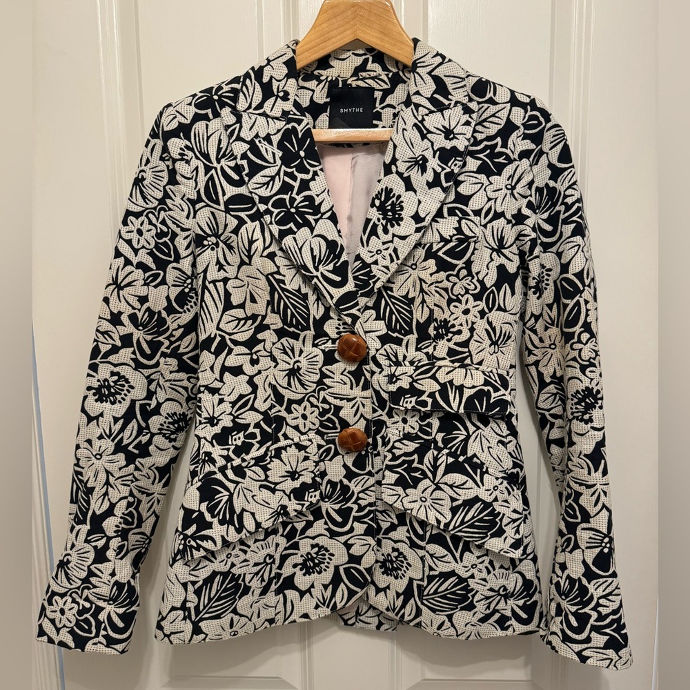 Smythe Black and White Floral Blazer with Tailored Fit